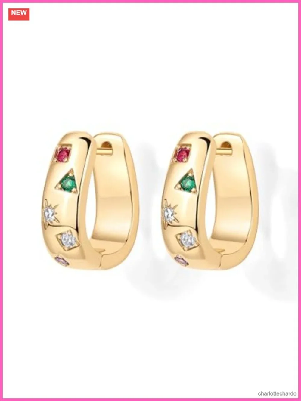 14K Gold Plated Chunky Hoop Earrings with Multicolor CZ for Women